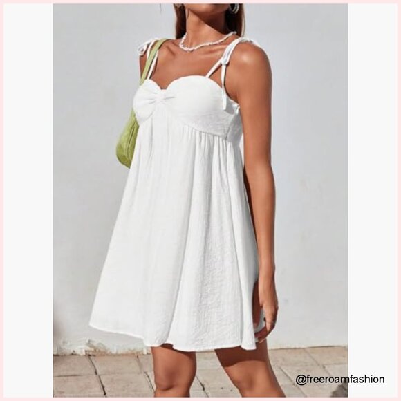 White Tie Shoulder Cami Dress Spaghetti Strap Backless Ruched Mini - Picture 4 of 7